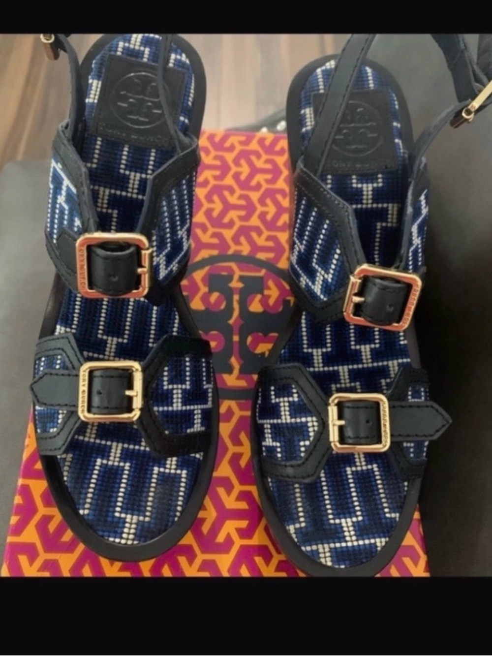 Tory Burch Navy Blue Gold Buckles Platform Wedge Sandals